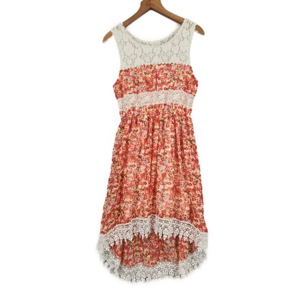 Bonnie Jean Dress High Low Hem Sleeveless Girls 16 Orange Red Floral Lace - Picture 1 of 7